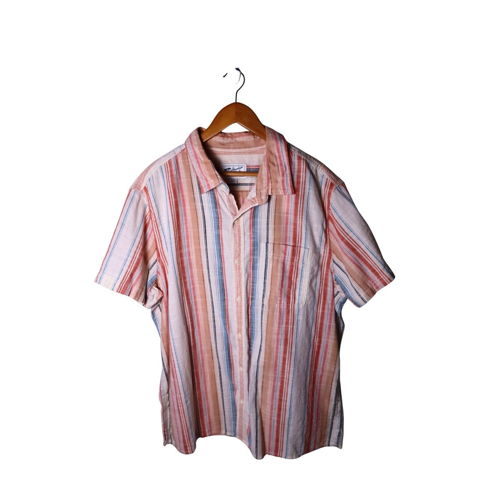 American Eagle Men's XXL Striped Button Up Shirt Short Sleeve Pink Blue Casual